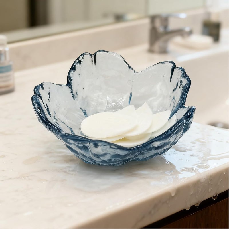 BESSKON Flower Ring Dish Jewelry Tray, Glass Jewelry Dish Tray, Aesthetic Room Decor Small Trinket Dish, Nightstand Jewlery Ring Holder Dish, Bathroom Jewelry Plate Bowl for Rings Earrings Wife Gift (Blue) - Image 2